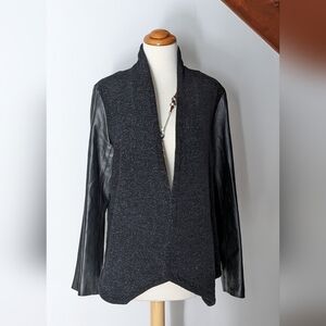 Eileen Fisher Leather Sleeve Wool Open Jacket Size XS